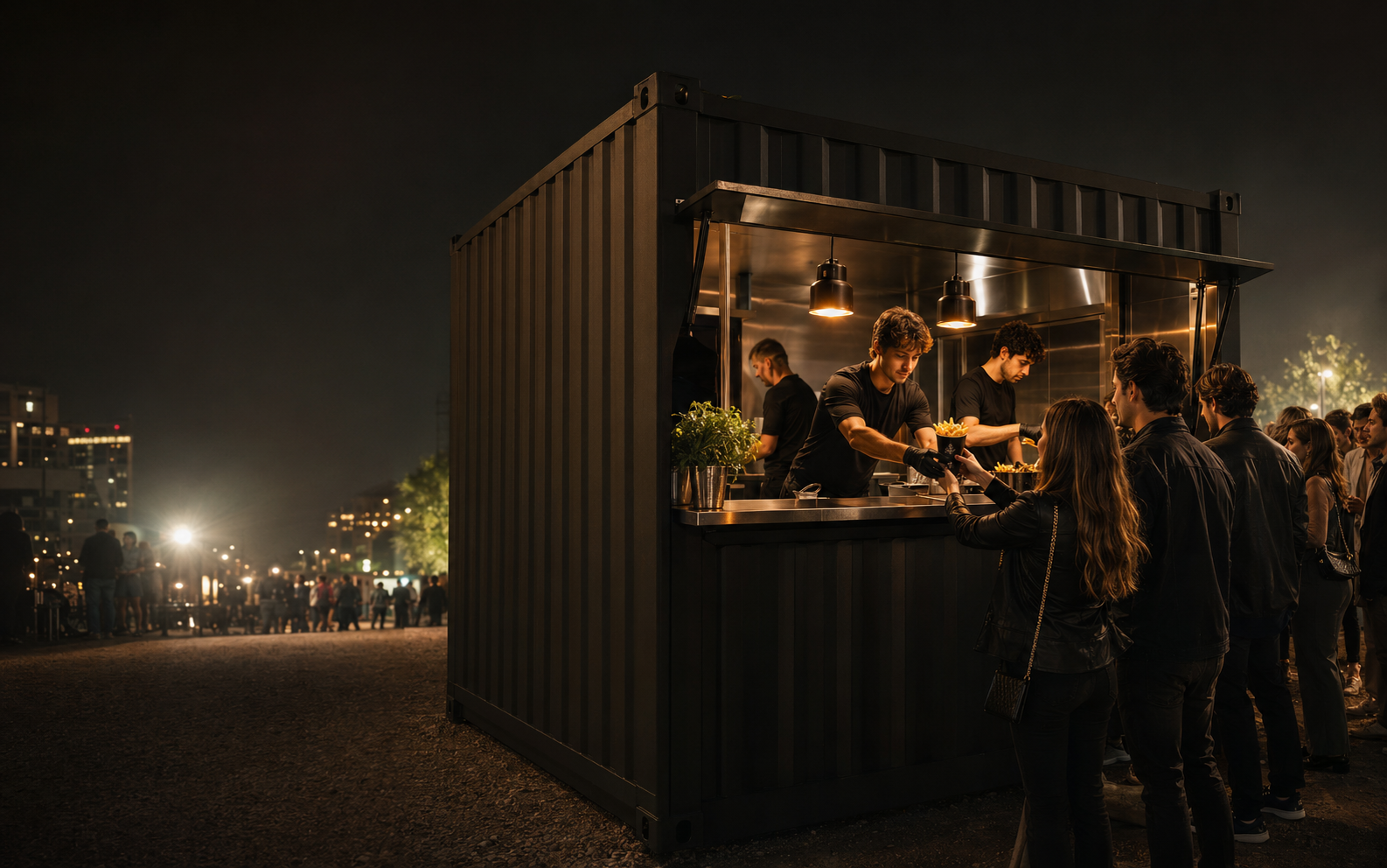 En svart mobil Frites Society-enhet som serverar pommes på ett kvällsevent